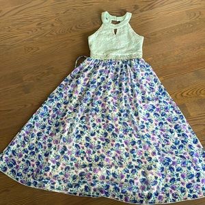 Teal floor length dress with Flowers and rhinestones